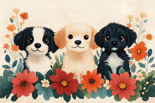 Adorable puppies surrounded by vibrant flowers, perfect for a heartwarming postcard. Three cute puppies of different colors are nestled among colorful flowers, creating a cheerful and inviting scene