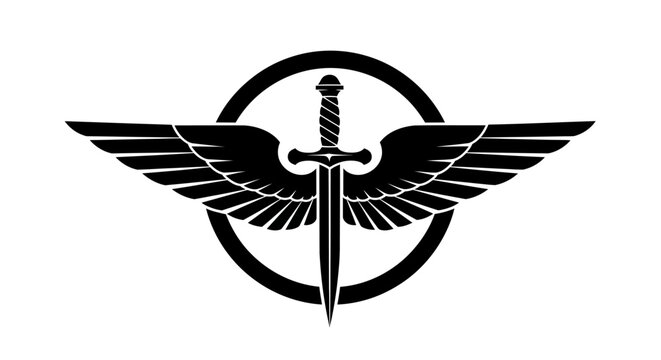Black dagger with wings logo symbol.