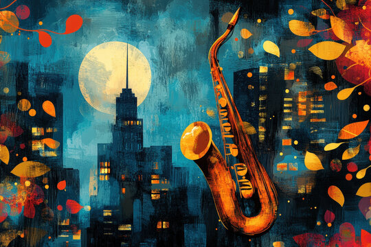 Jazz Appreciation Month Postcard. An artistic depiction of a saxophone set against a cityscape, evoking the spirit of JazzFest and musical celebrations.