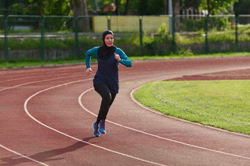 Fototapeta premium Muslim Woman Running on Outdoor Track in Hijab During Fitness Training and Athletic Practice