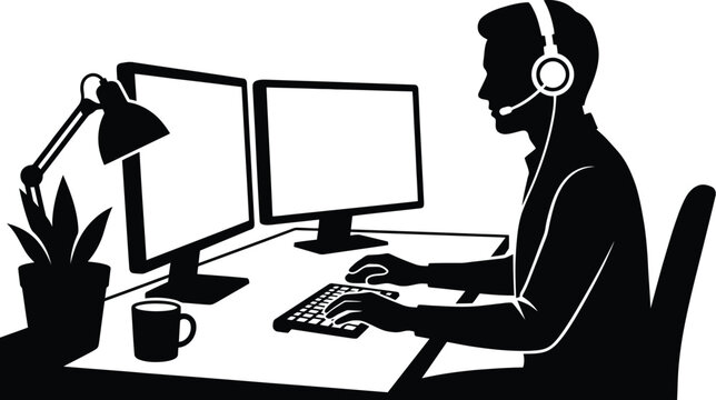 A black and white silhouette of a dedicated male customer support agent wearing a headset while typing on a computer keyboard at his modern desk.