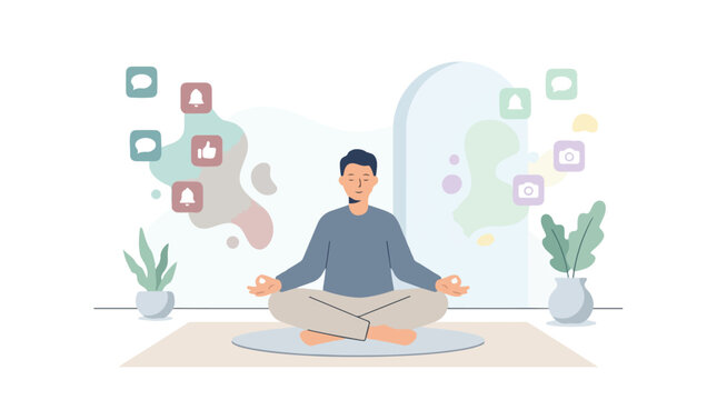 A man practicing meditation and digital detox to find inner peace while ignoring social media notifications and online distractions in a flat vector style