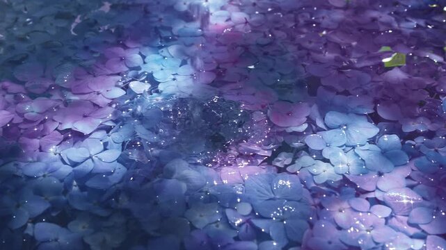 Pouring water on purple hydrangea flower petals 