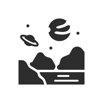Alien world icon. Land Pace Planet. Monochrome black and white symbol