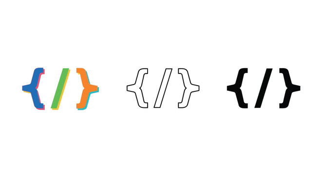 Code bracket icons set color outline and solid black variations