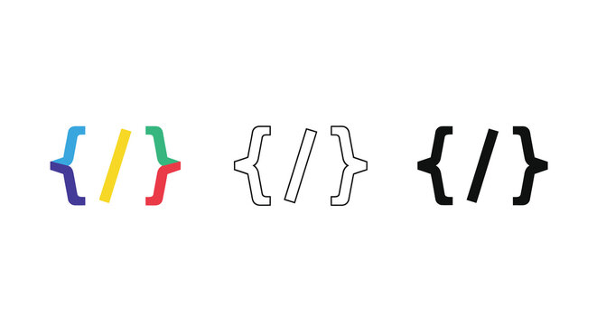 Coding bracket icons set color outline and solid black variations