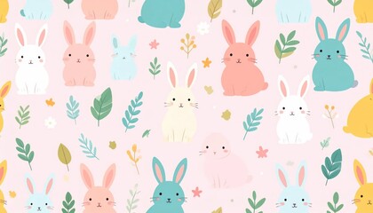 Obraz premium Cute Pastel Bunny Pattern with Floral Leaves on Pink Background