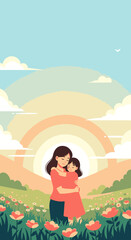 Fototapeta premium happy mother and child in flower field with rainbow