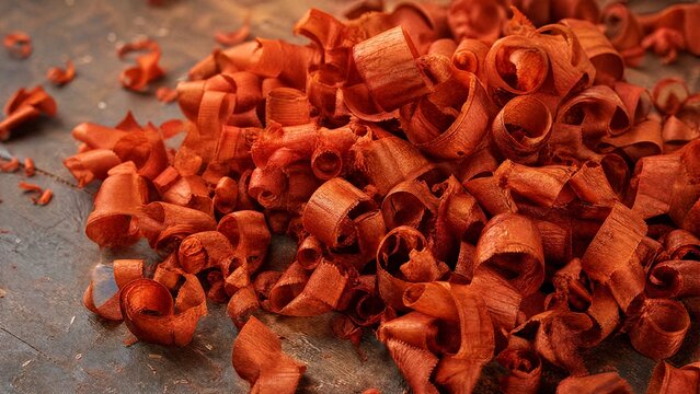 Curly, orange-red wood shavings from padauk piled on a workshop floor.