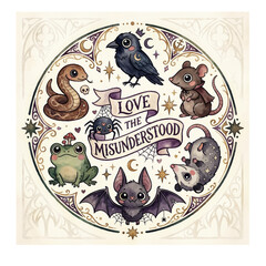 Obraz premium Cute animals in a round design with a message about love for misunderstood creatures