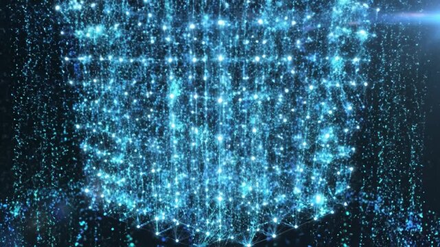 Digital graph particles blue light glowing network technology data visualization with dynamic futuristic connection forming vibrant data web and glowing points dark space representing communication