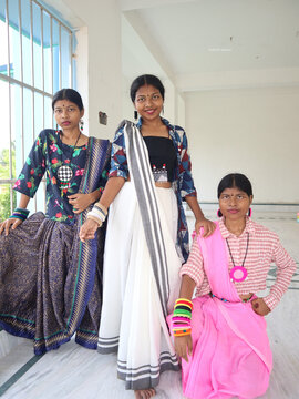 Three young women wearing beautiful traditional khadi saree with tops 