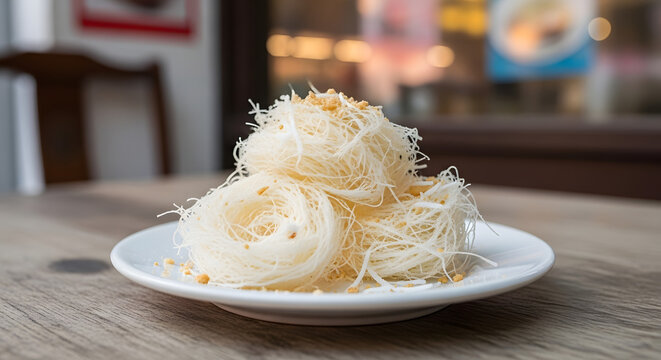 Dragon's beard candy or candy floss dessert from China, made from baking flour, butter and sugar and later shredding it. Served on a plate against a cafe background