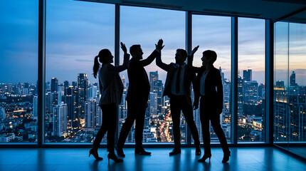 Naklejka na ściany i meble Business team celebrating success with high fives in a modern office at sunset