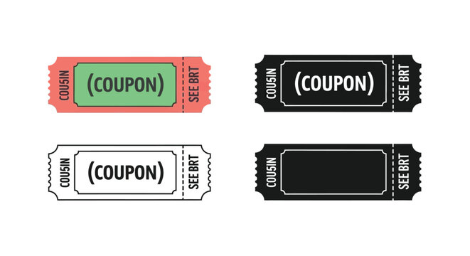 Four coupon ticket designs colorful black white and outline variations for discounts