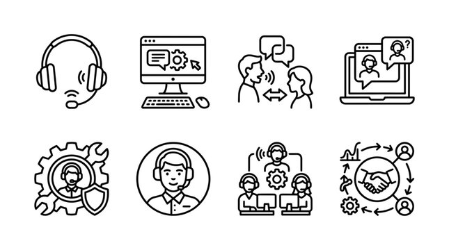 Set of customer support and technical service line icons