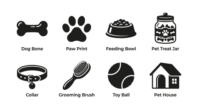 Set of pet care icons including dog bone, bowl, and house