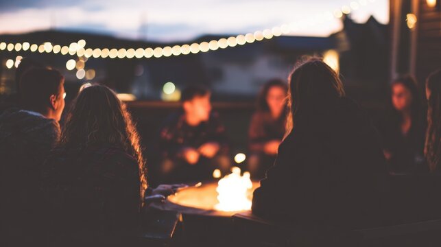 Friends gather around a fire while enjoying evening talks and laughter