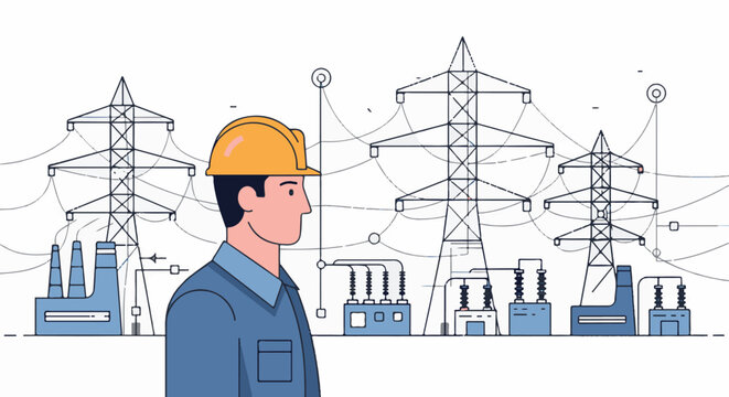 Electrician observes power lines, towers, and industrial facilities