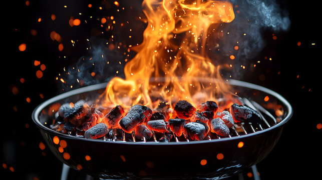 Close-up of a portable barbecue grill filled with glowing hot charcoal embers and vibrant flames.