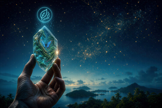 Hand holding luminous geometric crystal shard containing miniature rainforest ecosystem with morpho butterfly blockchain leaf token biodiversity credit regenerative finance concept