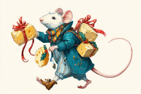Festive Mouse Carrying Cheese Gifts