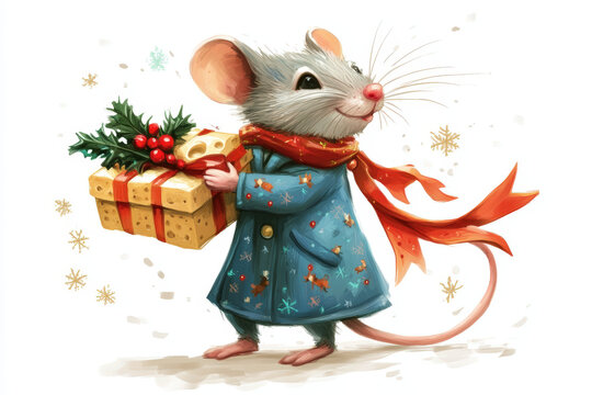 Festive mouse with a gift