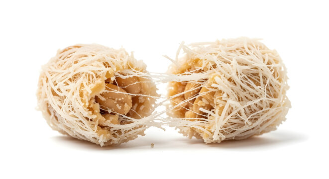 Dragon's beard candy, a Chinese candy floss-like dessert against white background. Traditional Asian childhood favorite treat