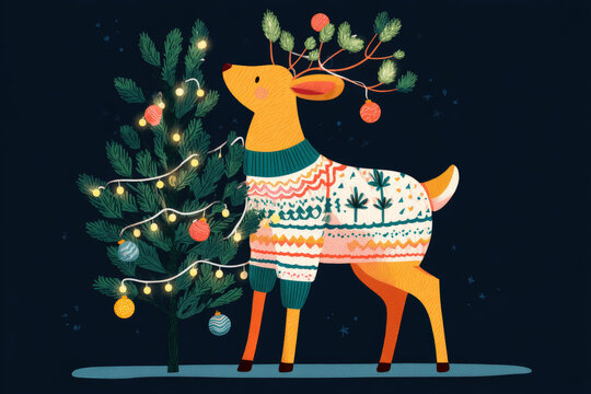 Festive Christmas deer with a decorated tree