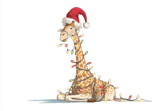 Giraffe in a Santa hat and Christmas lights.