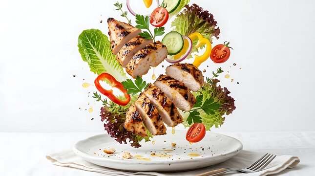 Grilled chicken salad with fresh vegetables in dynamic food photography