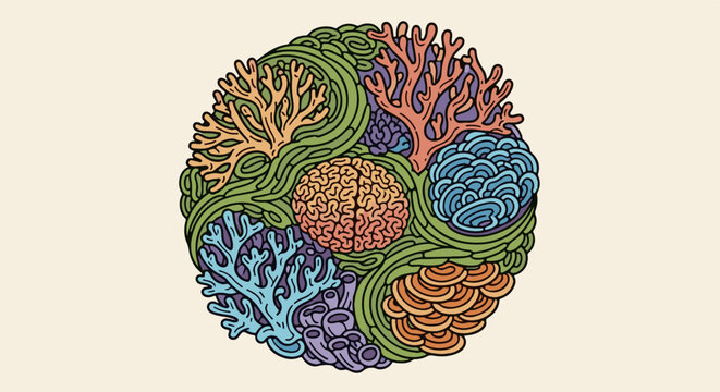 Ornate circle of colorful coral reef elements and a brain