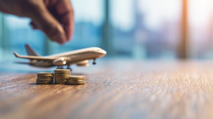 Obraz premium Coins stacked near a model airplane in a bright indoor setting