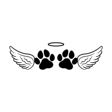 Dog paws with angel wings and halo svg cut file. Isolated vector illustration.