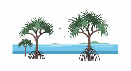 Obraz premium Pixel art depiction of a serene coastline with mangrove trees and distant islands