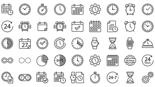 Black and white line icons of various clocks and calendars on transparent background