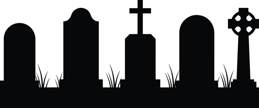 Spooky Cemetery Tombstone and Burial Cross Silhouette Vector Set, Modern Gothic Headstone Icons, Minimalist Haunted Crypt Timber Graphics.
