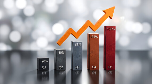 Bar chart showing business growth over five quarters with percentage labels and an upward trending orange arrow