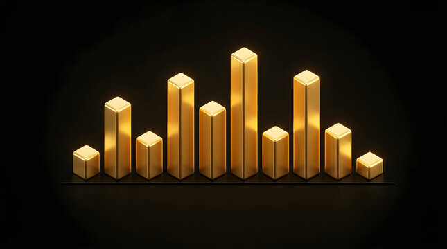 A series of golden rectangular bars of varying heights arranged as a bar graph against a dark background