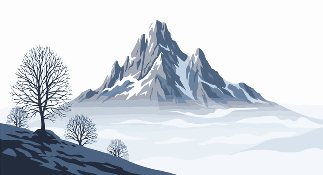 Snowy mountain peak shrouded in mist with bare trees on foreground hill