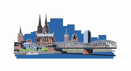 Obraz premium Stylized European city skyline with iconic cathedral and bridge