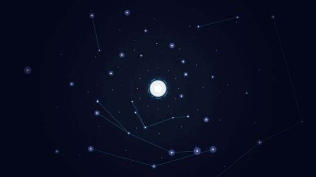 Abstract Space Background with Glowing Central Star and Connected Constellation Lines in Deep Blue Galaxy