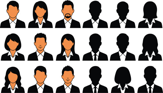 Corporate profile silhouettes and headshots flat vector illustration