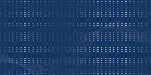Fototapeta premium Abstract digital background with a flowing wave pattern made of glowing blue dots on a dark blue backdrop, representing data flow or network connectivity.