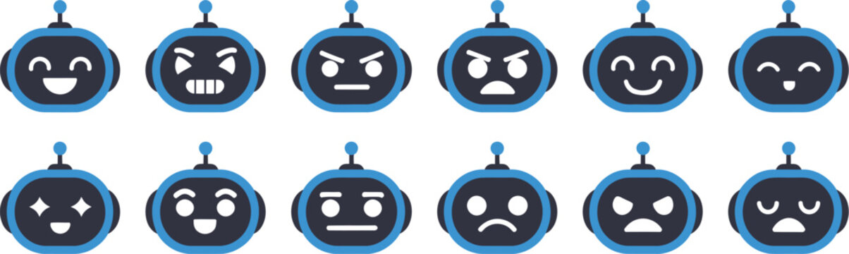 AI Chatbot Robot Face Symbols Featuring Happy, Sad and Expressive Assistant Character Emotions Vector