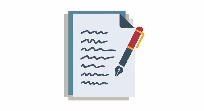 A stylized illustration of a fountain pen poised above a document with handwritten lines