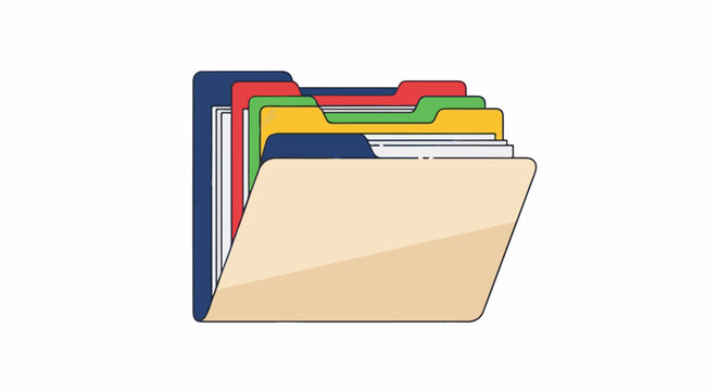 A stacked, open, tan folder holds colorful tabbed inserts for organization