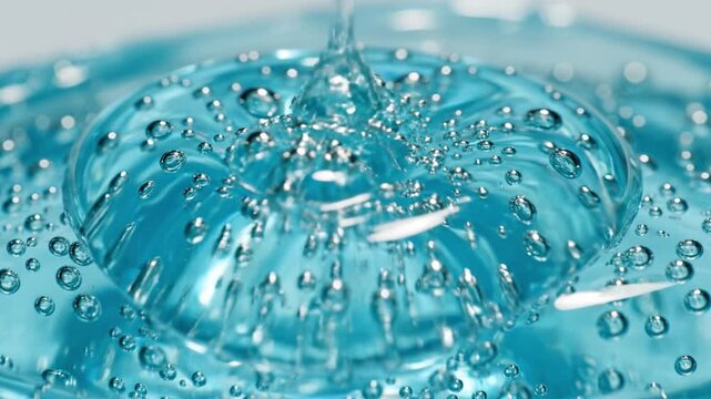 V gel texture with transparent bubbles and flowing blue liquid close up macro shot showcasing fresh hydration, clear surface, natural moisture, purity, and refreshing fluid background sphere