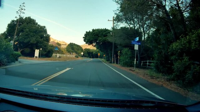 POV dashcam footage of vehicle driving on smooth asphalt road with double yellow lines, surrounded by abundant green foliage, scattered mailboxes, and utility poles, under bright sky with mountain bac