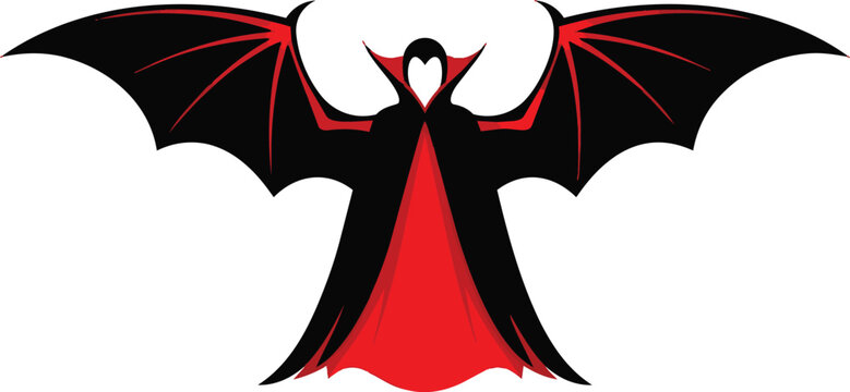Vampire silhouette with large bat wings, gothic dracula character in black and red cape, spooky halloween monster vector illustration for party posters